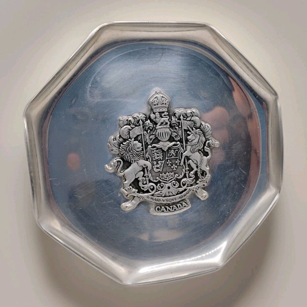 Vintage Alpha Switzerland Small Silver Ashtray Plate Canada Royal Crest Clean!